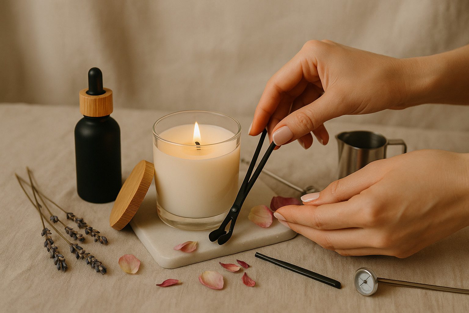The Magic Apothecary studio table with candles, tools and ingredients in Spain