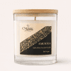 Amoura, aromatherapy candle, glass jar with wooden lid, front label visible, for passion and sensuality, The Magic Apothecary