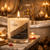 Amoura, aromatherapy candle, lit candle in a bathroom with bathtub and warm light, for passion and sensuality, The Magic Apothecary