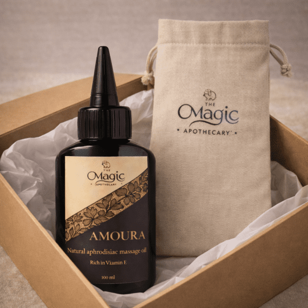 Amoura, olio corpo e da massaggio, confezione regalo con scatola e pochette, per passione e sensualità, The Magic Apothecary