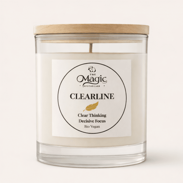 ClearLine, aromatherapy candle, glass jar with wooden lid, front label visible, for clarity and focus, The Magic Apothecary