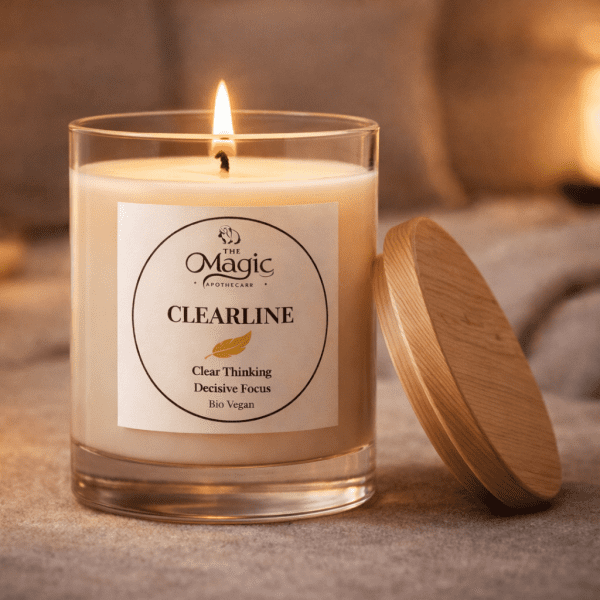 ClearLine, candela aromaterapica per chiarezza e concentrazione, candela accesa, coperchio in legno appoggiato accanto ClearLine, candela aromaterapica, candela accesa, coperchio in legno appoggiato accanto, per chiarezza e concentrazione, The Magic Apothecary