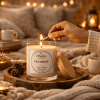 ClearLine, candela aromaterapica per chiarezza e concentrazione, mano che accende la candela, atmosfera cozy ClearLine, candela aromaterapica, mano che accende la candela, atmosfera cozy, per chiarezza e concentrazione, The Magic Apothecary