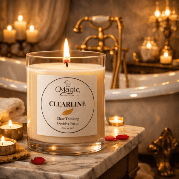ClearLine, candela aromaterapica per chiarezza e concentrazione, candela accesa in bagno con vasca e luce calda ClearLine, candela aromaterapica, candela accesa in bagno con vasca e luce calda, per chiarezza e concentrazione, The Magic Apothecary