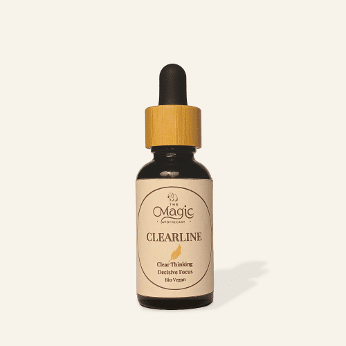 ClearLine, miscela di oli essenziali per chiarezza e concentrazione, bottiglia su sfondo nude, etichetta ben visibile, The Magic Apothecary
