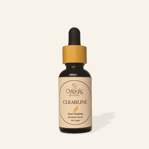 ClearLine, essential oil blend for clarity and focus, bottle on nude background, label clearly visible, The Magic Apothecary