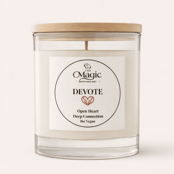 Devote, aromatherapy candle, glass jar with wooden lid, front label visible, for love and connection, The Magic Apothecary