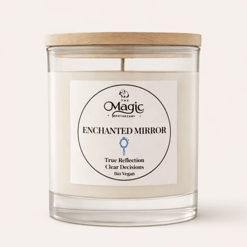 Enchanted Mirror of Truth, aromatherapy candle, glass jar with wooden lid, front label visible, for honest self-reflection, The Magic Apothecary
