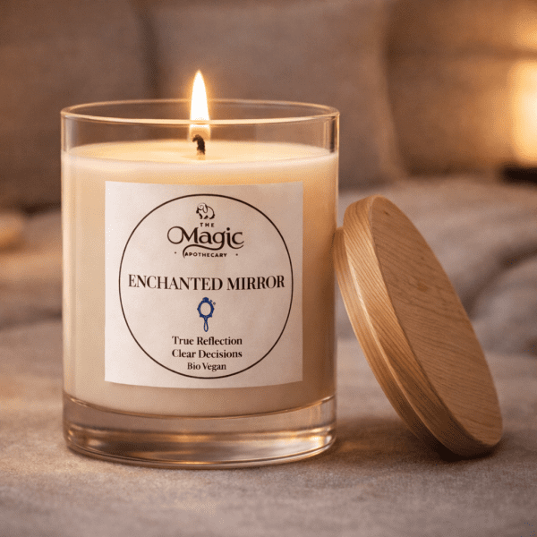 Enchanted Mirror of Truth, candela aromaterapica, candela accesa, coperchio in legno appoggiato accanto, per autoriflessione onesta, The Magic Apothecary