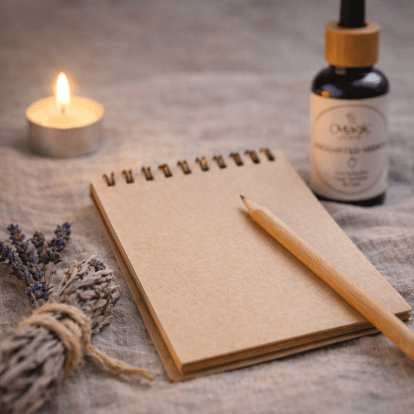Enchanted Mirror of Truth, essential oil blend for honest self-reflection, bottle beside a pen and notebook, ritual styling, label visible, The Magic Apothecary