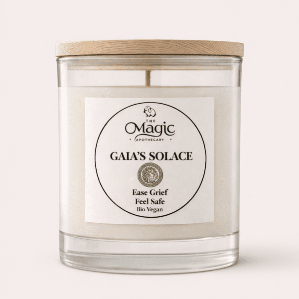 Gaia’s Solace, aromatherapy candle, glass jar with wooden lid, front label visible, for grief and comfort, The Magic Apothecary
