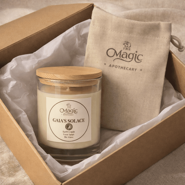 Gaia’s Solace, candela aromaterapica, confezione regalo con scatola e pochette, per lutto e conforto, The Magic Apothecary