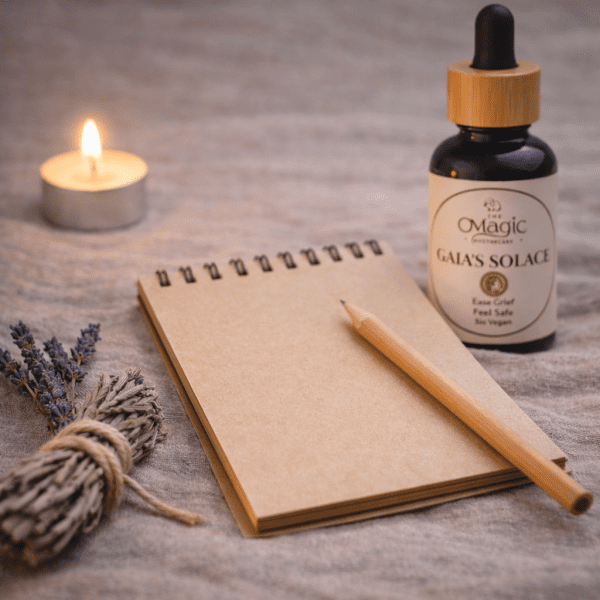 Gaia’s Solace, mezcla de aceites esenciales para duelo y consuelo, frasco junto a bolígrafo y cuaderno, estilo ritual, etiqueta visible, The Magic Apothecary