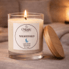 Nightfold, aromatherapy candle, lit candle, wooden lid resting beside, for deep sleep and rest, The Magic Apothecary