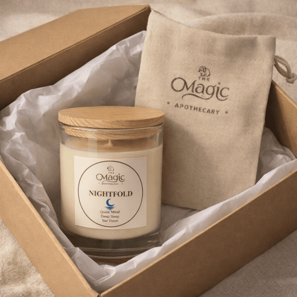 Nightfold, aromatherapy candle, gift set with box and pouch, for deep sleep and rest, The Magic Apothecary