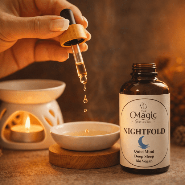 Nightfold, essential oil blend for sleep and deep rest, pipette and oil drop, close-up, The Magic Apothecary