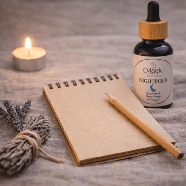 Nightfold, mezcla de aceites esenciales para sueño y descanso profundo, frasco junto a bolígrafo y cuaderno, estilo ritual, etiqueta visible, The Magic Apothecary