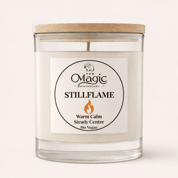 Stillflame, aromatherapy candle, glass jar with wooden lid, front label visible, for calm and meditation, The Magic Apothecary