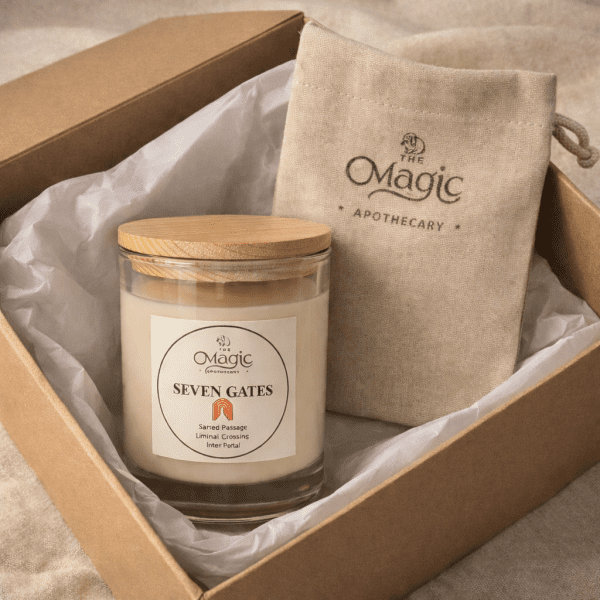 Seven Gates, aromatherapy candle, gift set with box and pouch, for courage and transformation, The Magic Apothecary