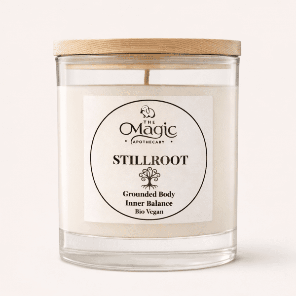 Stillroot, candela aromaterapica, vaso di vetro con coperchio in legno, etichetta frontale, per radicamento e stabilità, The Magic Apothecary