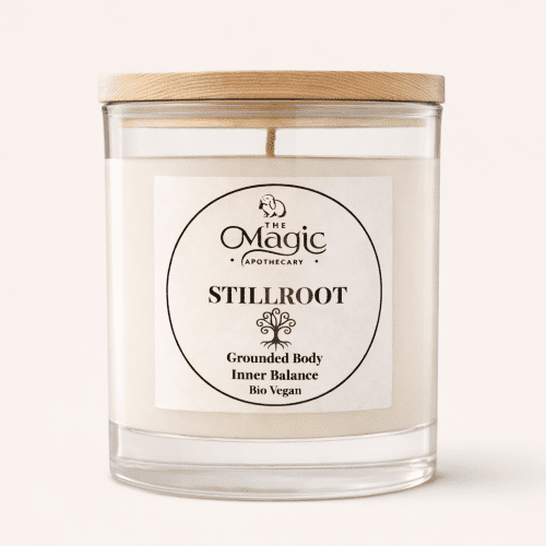 Stillroot, aromatherapy candle, glass jar with wooden lid, front label visible, for grounding and stability, The Magic Apothecary