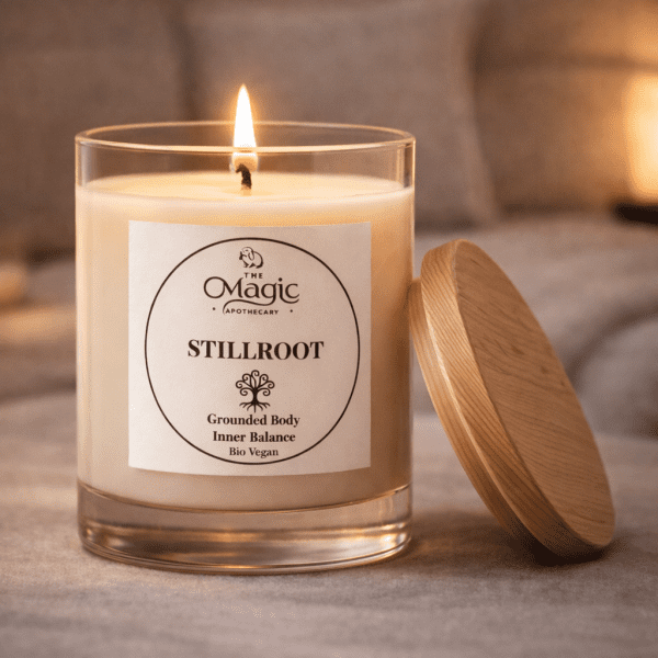 Stillroot, aromatherapy candle, lit candle, wooden lid resting beside, for grounding and stability, The Magic Apothecary