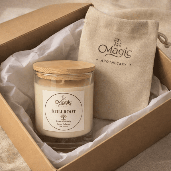 Stillroot, aromatherapy candle, gift set with box and pouch, for grounding and stability, The Magic Apothecary