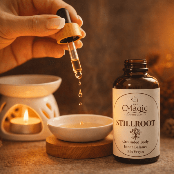 Stillroot, essential oil blend for grounding and stability, pipette and oil drop, close-up, The Magic Apothecary