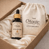 Stillflame, essential oil blend for calm and meditation, bottle detail, label visible, editorial styling, The Magic Apothecary