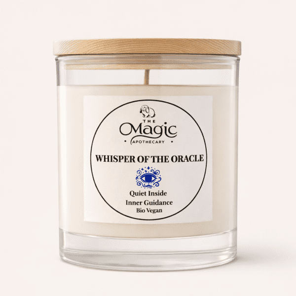 Whisper of the Oracle, aromatherapy candle, glass jar with wooden lid, front label visible, for intuition and understanding, The Magic Apothecary