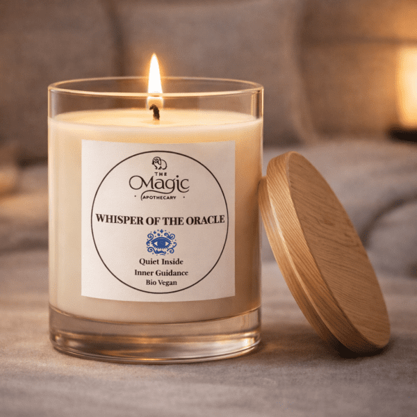 Whisper of the Oracle, vela aromaterapéutica, vela encendida, tapa de madera apoyada al lado, para intuición y comprensión, The Magic Apothecary