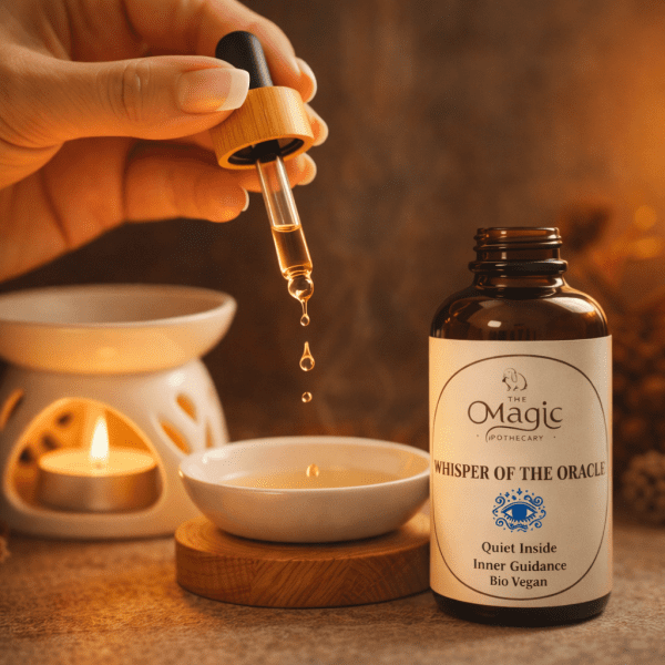 Whisper of the Oracle, mezcla de aceites esenciales para intuición y comprensión, pipeta y gota de aceite, primer plano, The Magic Apothecary