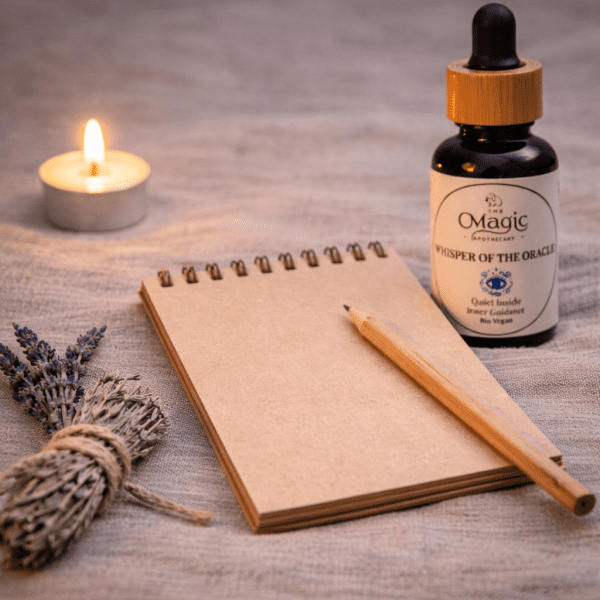Whisper of the Oracle, mezcla de aceites esenciales para intuición y comprensión, frasco junto a bolígrafo y cuaderno, estilo ritual, etiqueta visible, The Magic Apothecary