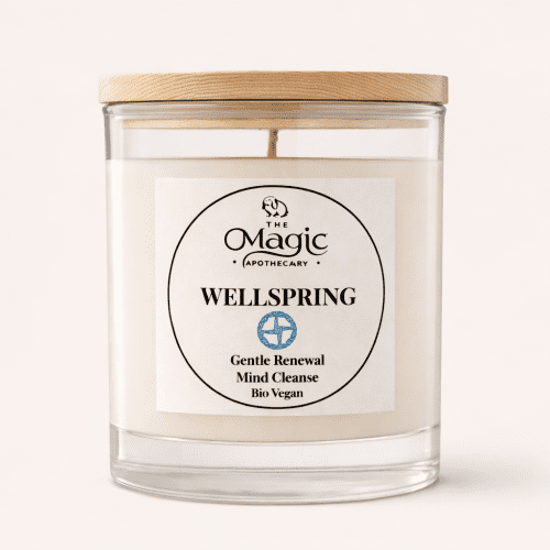 Wellspring, vela aromaterapéutica, frasco de vidrio con tapa de madera, etiqueta frontal, para renovación suave, The Magic Apothecary