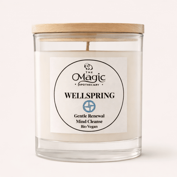 Wellspring, aromatherapy candle, glass jar with wooden lid, front label visible, for gentle renewal, The Magic Apothecary