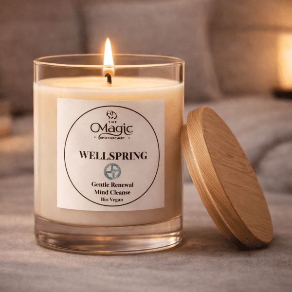 Wellspring, aromatherapy candle, lit candle, wooden lid resting beside, for gentle renewal, The Magic Apothecary