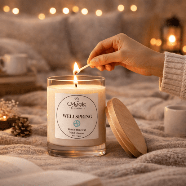 Wellspring, vela aromaterapéutica para renovación suave, mano encendiendo la vela, atmósfera acogedora Wellspring, vela aromaterapéutica, mano encendiendo la vela, atmósfera acogedora, para renovación suave, The Magic Apothecary