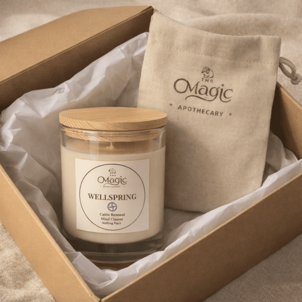 Wellspring, vela aromaterapéutica para renovación suave, pack de regalo con caja y bolsita Wellspring, vela aromaterapéutica, pack de regalo con caja y bolsita, para renovación suave, The Magic Apothecary