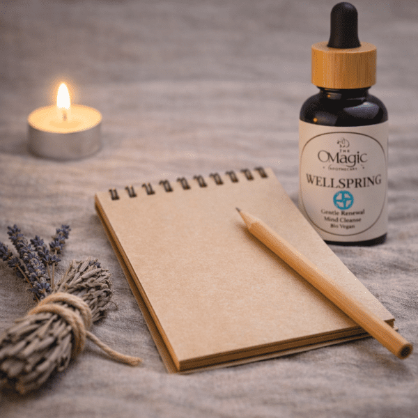 Wellspring, essential oil blend for gentle renewal, bottle beside a pen and notebook, ritual styling, label visible, The Magic Apothecary