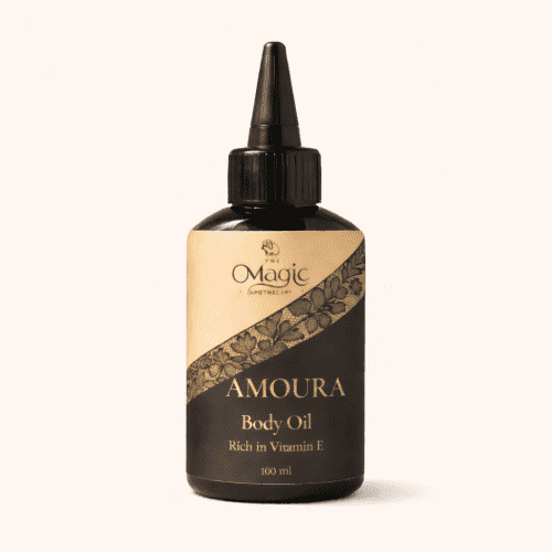 Amoura, massage and body oil, bottle with visible label on a neutral background, for passion and sensuality, The Magic Apothecary