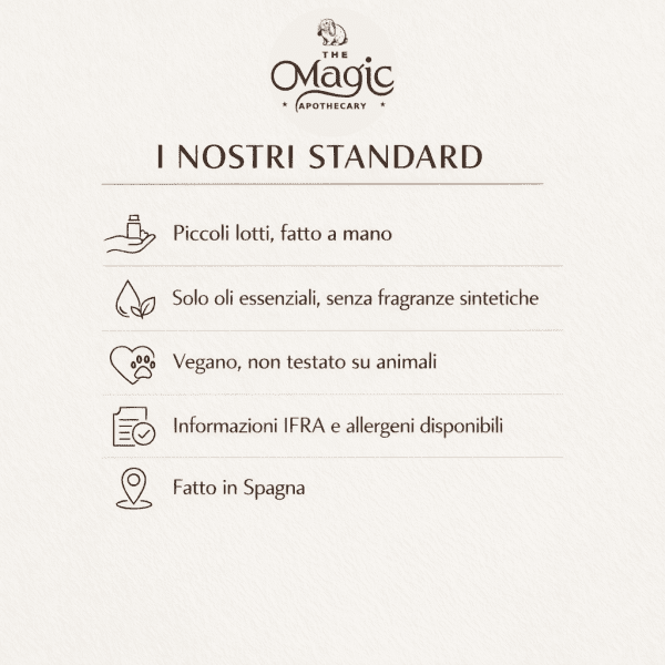 I nostri standard, piccole produzioni rifinite a mano, vegan, solo oli essenziali, prodotto in Spagna, packaging riciclabile